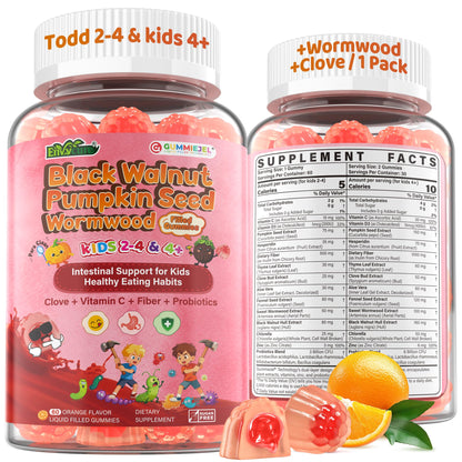 Toddler 2-4 & Kids 4+ Para Clean Gut Health Gummies w/Black Walnut, Wormwood, Clove, Pumpkin Seeds, Vitamin C, D3, Zinc, Digestive Supplement for Natural Gut Cleanse, Kids Immune Support (60cts) - dailyvitalstore
