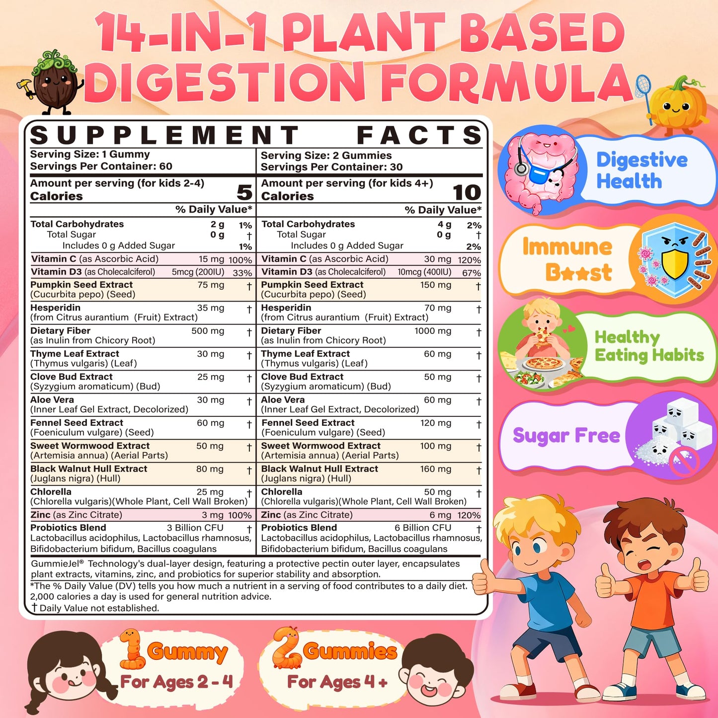 Toddler 2-4 & Kids 4+ Para Clean Gut Health Gummies w/Black Walnut, Wormwood, Clove, Pumpkin Seeds, Vitamin C, D3, Zinc, Digestive Supplement for Natural Gut Cleanse, Kids Immune Support (60cts) - dailyvitalstore