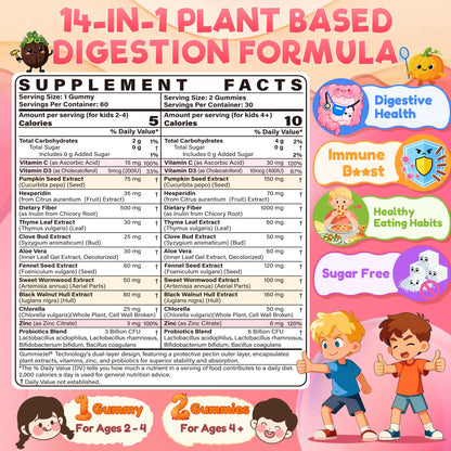 Toddler 2-4 & Kids 4+ Para Clean Gut Health Gummies w/Black Walnut, Wormwood, Clove, Pumpkin Seeds, Vitamin C, D3, Zinc, Digestive Supplement for Natural Gut Cleanse, Kids Immune Support (60cts) - dailyvitalstore