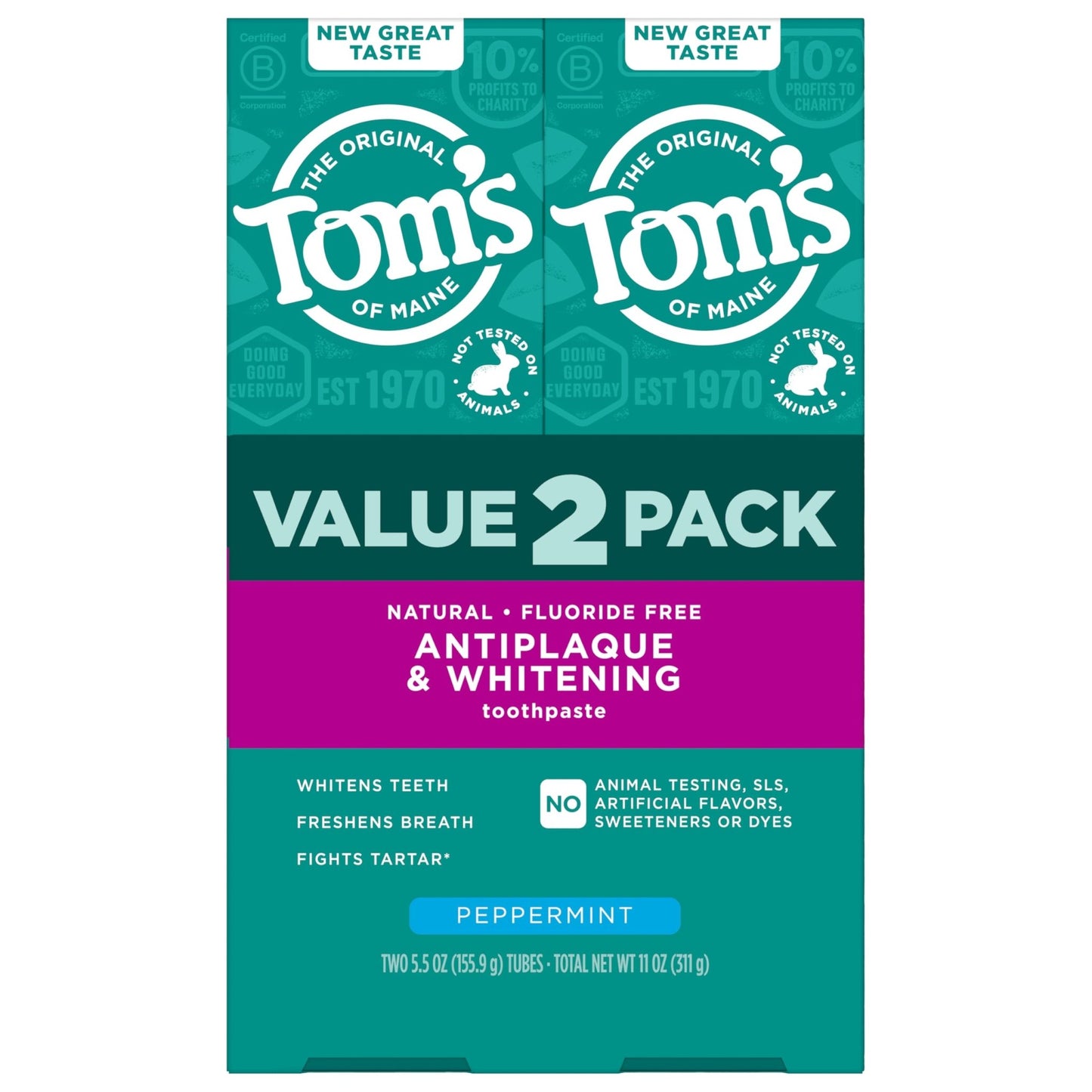 Tom's of Maine Fluoride-Free Antiplaque & Whitening Natural Toothpaste, Peppermint, 5.5 oz. (Pack of 2) - dailyvitalstore