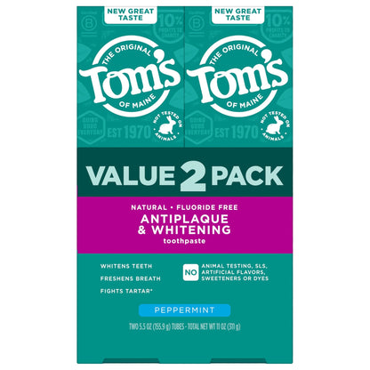 Tom's of Maine Fluoride-Free Antiplaque & Whitening Natural Toothpaste, Peppermint, 5.5 oz. (Pack of 2) - dailyvitalstore