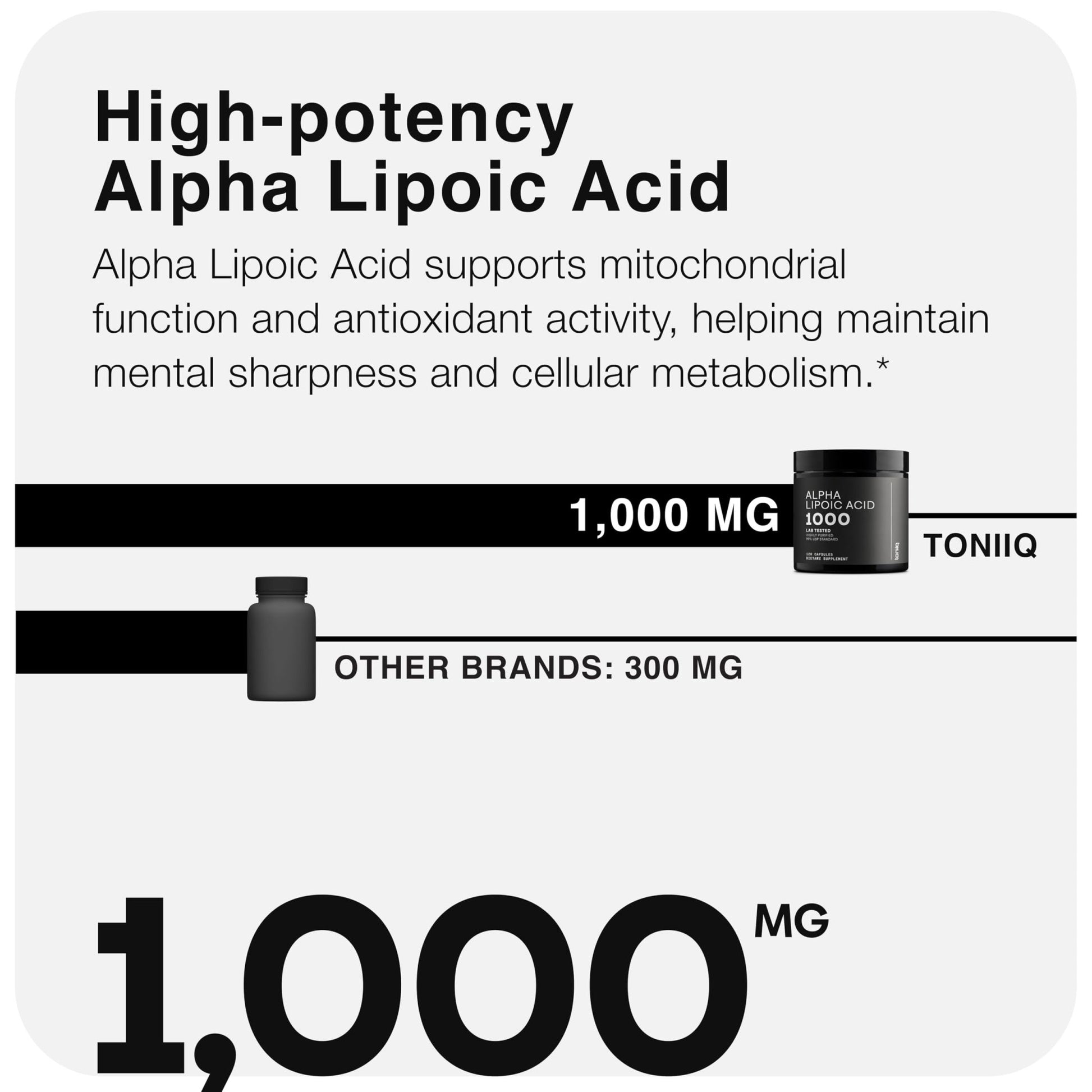 Toniiq 1000mg Ultra High Strength Alpha Lipoic Acid Capsules - Highly Purified 99%+ USP Standard - 120 Capsules ALA Supplement - dailyvitalstore