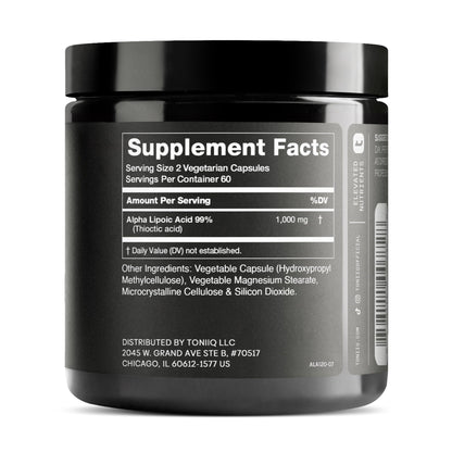 Toniiq 1000mg Ultra High Strength Alpha Lipoic Acid Capsules - Highly Purified 99%+ USP Standard - 120 Capsules ALA Supplement - dailyvitalstore