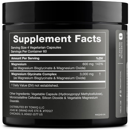 Toniiq 3,000mg Ultra High Strength Magnesium Glycinate - 20% Purified to Contain 600mg of Elemental Magnesium - Chelated and Bioavailable Magnesium - dailyvitalstore