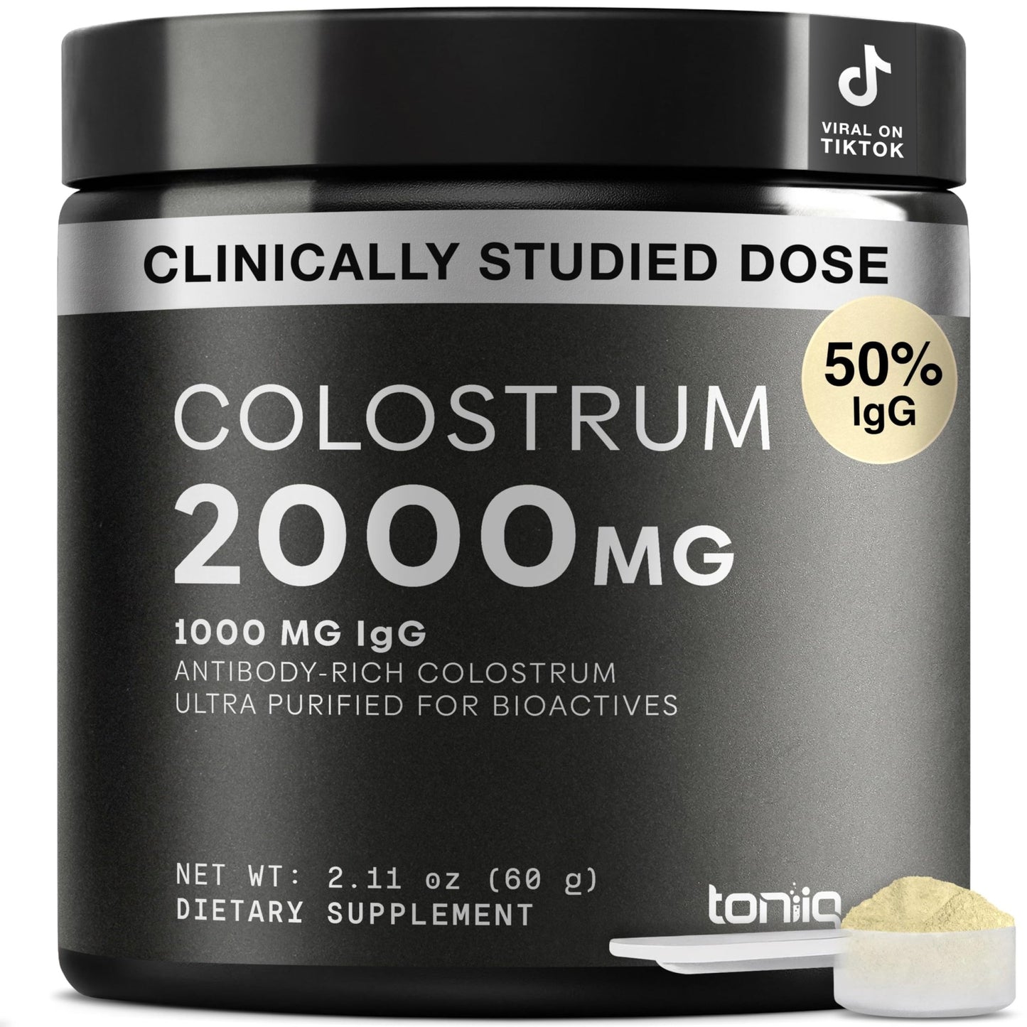 Toniiq Bovine Colostrum Powder Supplement 2000mg - 50% IgG for Gut Health, Immune Support & Skin - French Colostrum Farm-to-Jar Traceable - dailyvitalstore