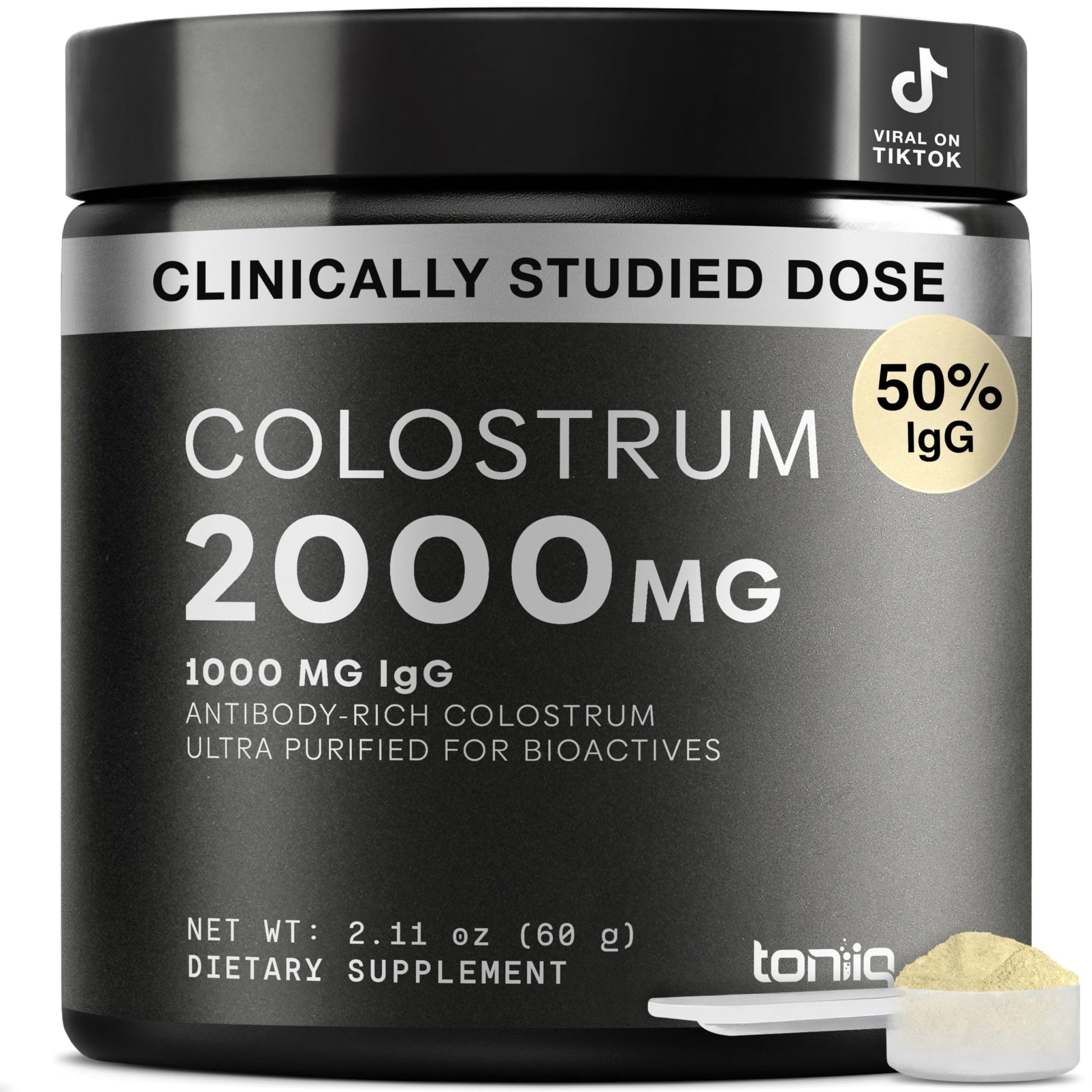 Toniiq Bovine Colostrum Powder Supplement 2000mg - 50% IgG for Gut Health, Immune Support & Skin - French Colostrum Farm-to-Jar Traceable - dailyvitalstore