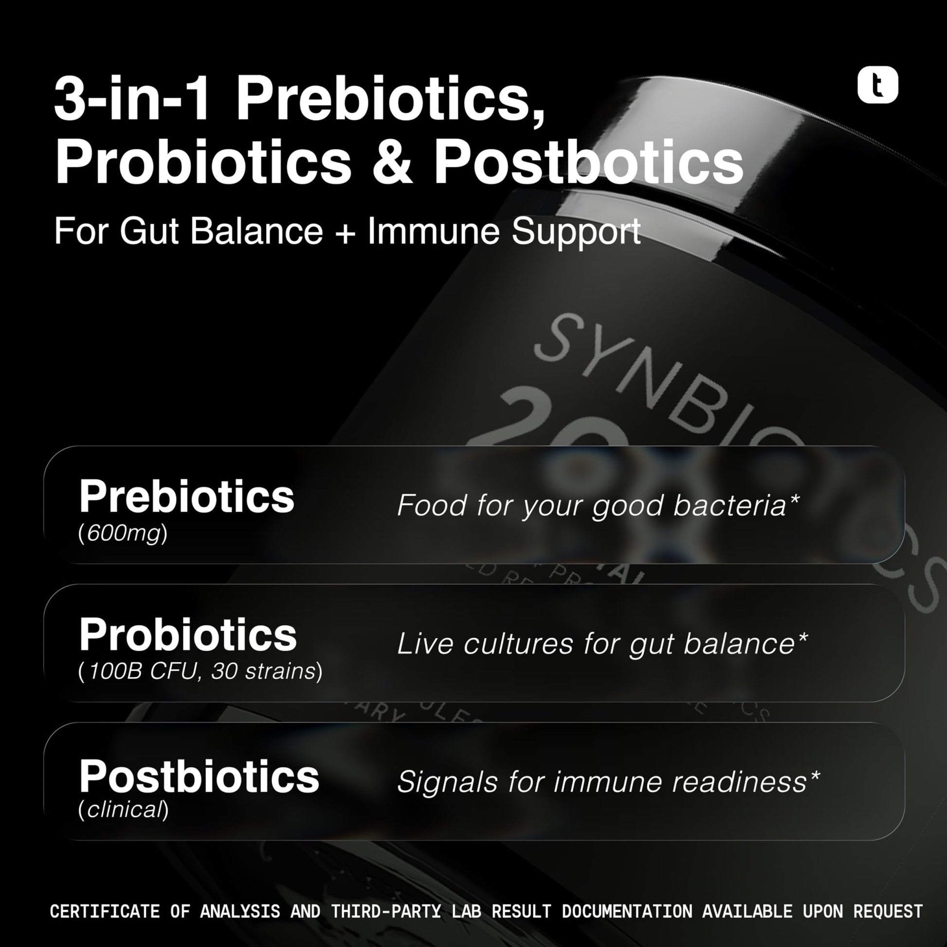 Toniiq Prebiotics and Probiotics – 200B CFU Synbiotic with Postbiotics IMMUSE® & ButyraGen® – 30 Strains for Gut & Digestive Health – Shelf-Stable - dailyvitalstore