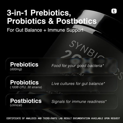 Toniiq Prebiotics and Probiotics – 200B CFU Synbiotic with Postbiotics IMMUSE® & ButyraGen® – 30 Strains for Gut & Digestive Health – Shelf-Stable - dailyvitalstore
