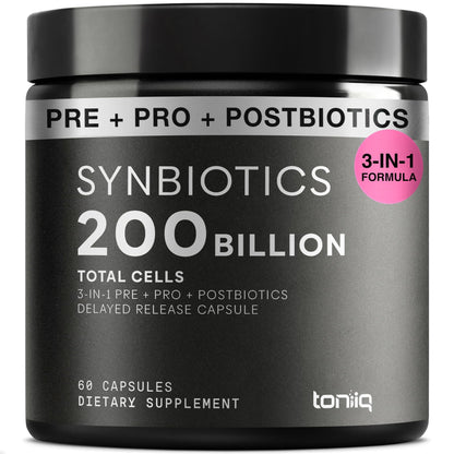 Toniiq Prebiotics and Probiotics – 200B CFU Synbiotic with Postbiotics IMMUSE® & ButyraGen® – 30 Strains for Gut & Digestive Health – Shelf-Stable - dailyvitalstore