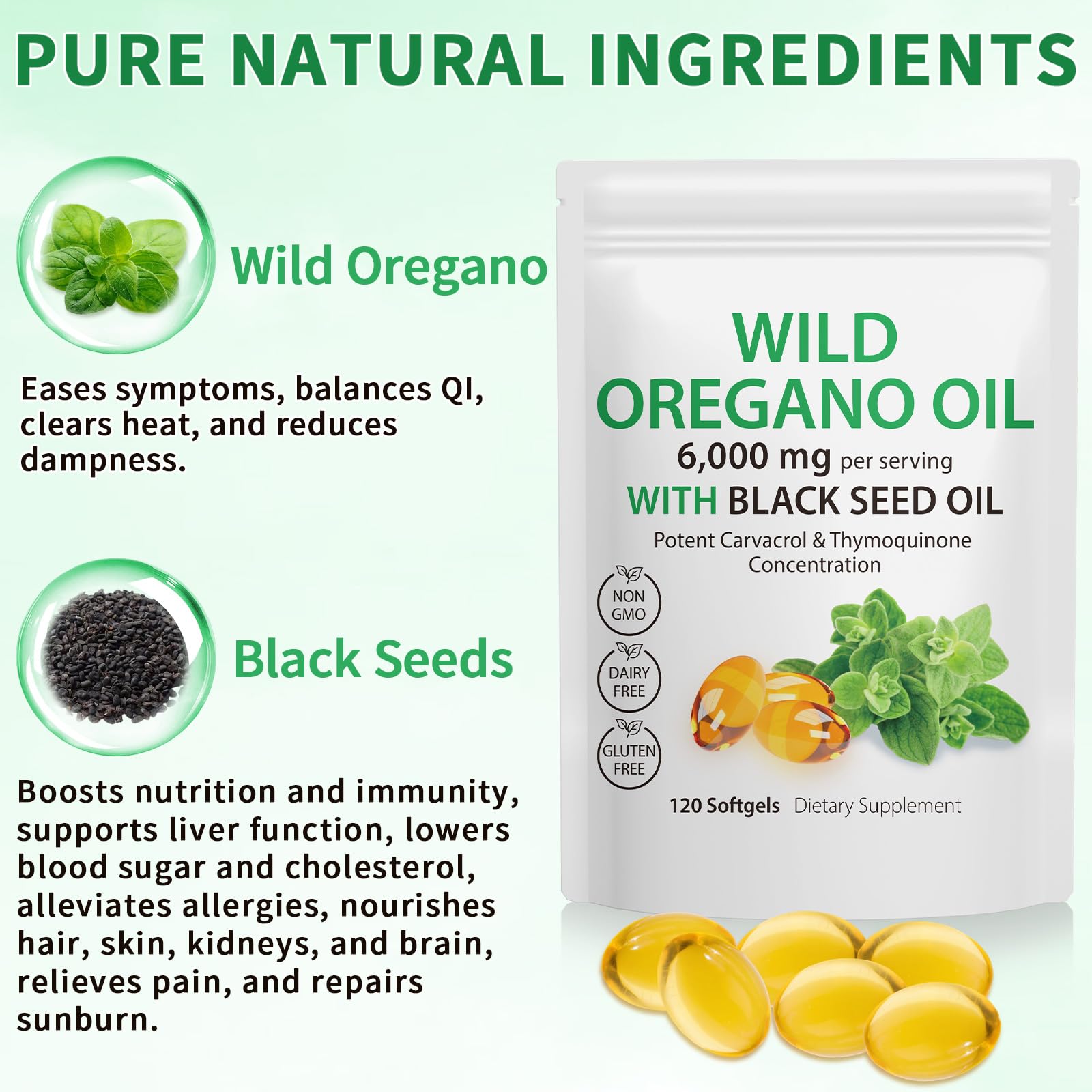Tooffi Oil of Oregano Softgels,Oregano Oil Capsules Organic,2-in-1 6000mg Oil of Oregano with Black Seed Oil 200mg,Oregano Oil - dailyvitalstore