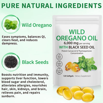 Tooffi Oil of Oregano Softgels,Oregano Oil Capsules Organic,2-in-1 6000mg Oil of Oregano with Black Seed Oil 200mg,Oregano Oil - dailyvitalstore