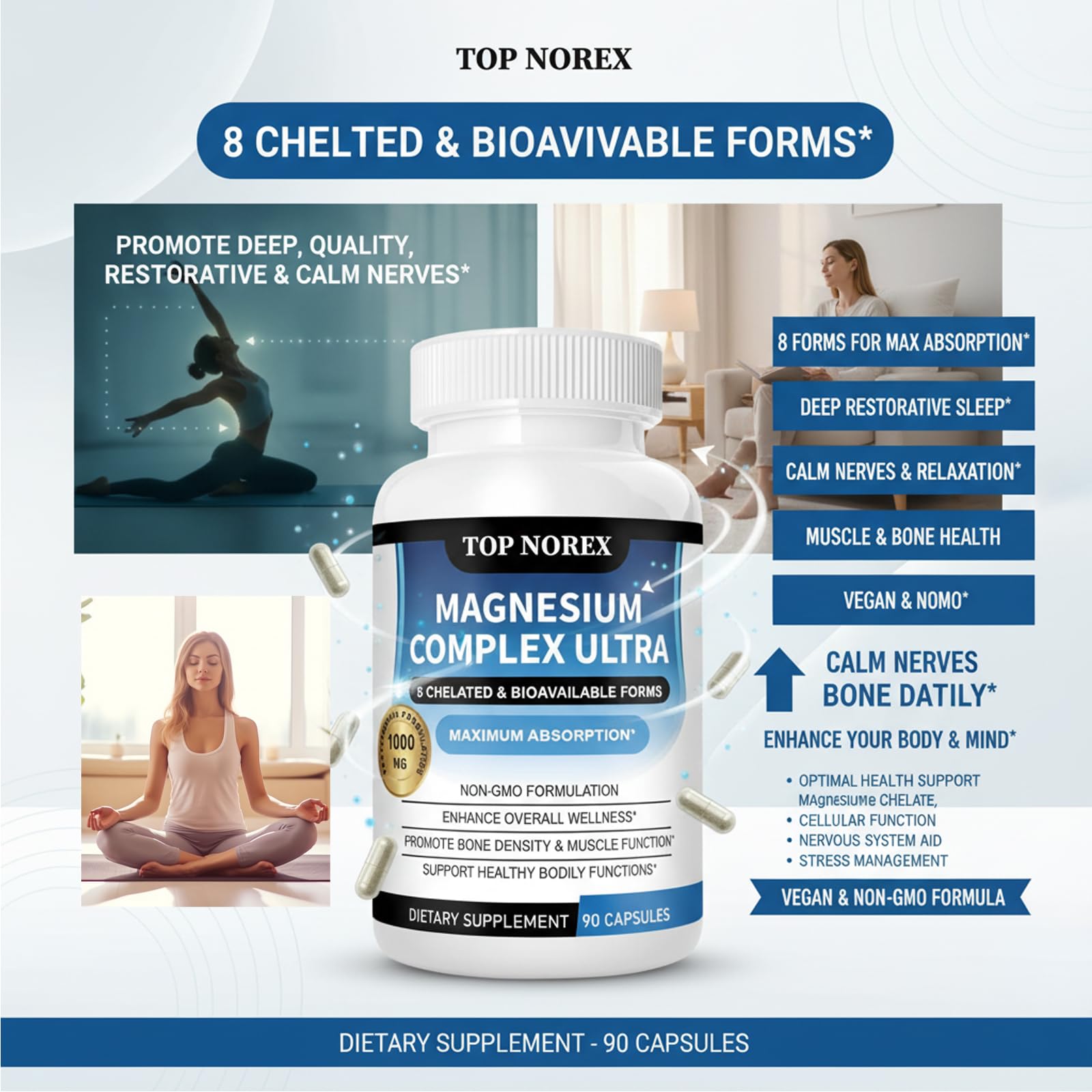 Top Norex Magnesium Complex Ultra - 8 Elemental 1000mg Magnesium Blend, Easy Absorption, 90 Capsules (1) - dailyvitalstore