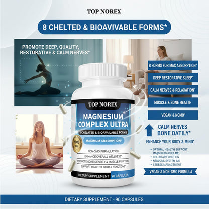 Top Norex Magnesium Complex Ultra - 8 Elemental 1000mg Magnesium Blend, Easy Absorption, 90 Capsules (1) - dailyvitalstore
