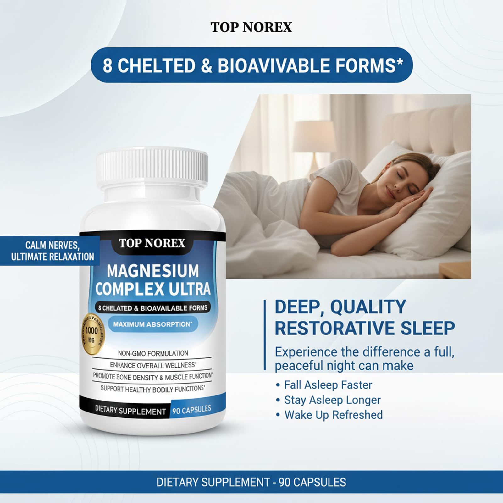 Top Norex Magnesium Complex Ultra - 8 Elemental 1000mg Magnesium Blend, Easy Absorption, 90 Capsules (1) - dailyvitalstore
