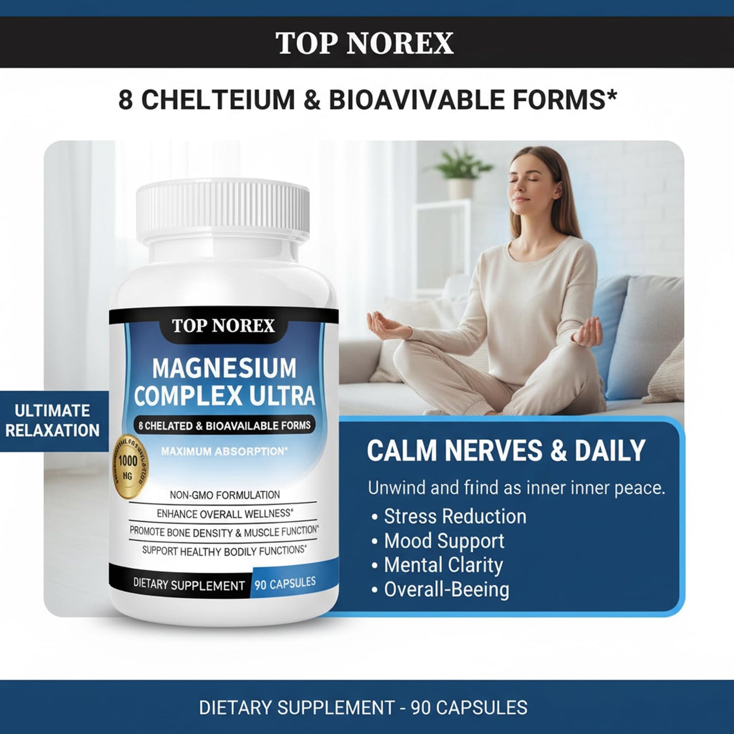 Top Norex Magnesium Complex Ultra - 8 Elemental 1000mg Magnesium Blend, Easy Absorption, 90 Capsules (1) - dailyvitalstore