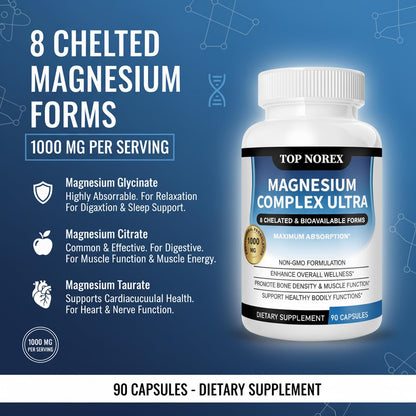 Top Norex Magnesium Complex Ultra - 8 Elemental 1000mg Magnesium Blend, Easy Absorption, 90 Capsules (1) - dailyvitalstore
