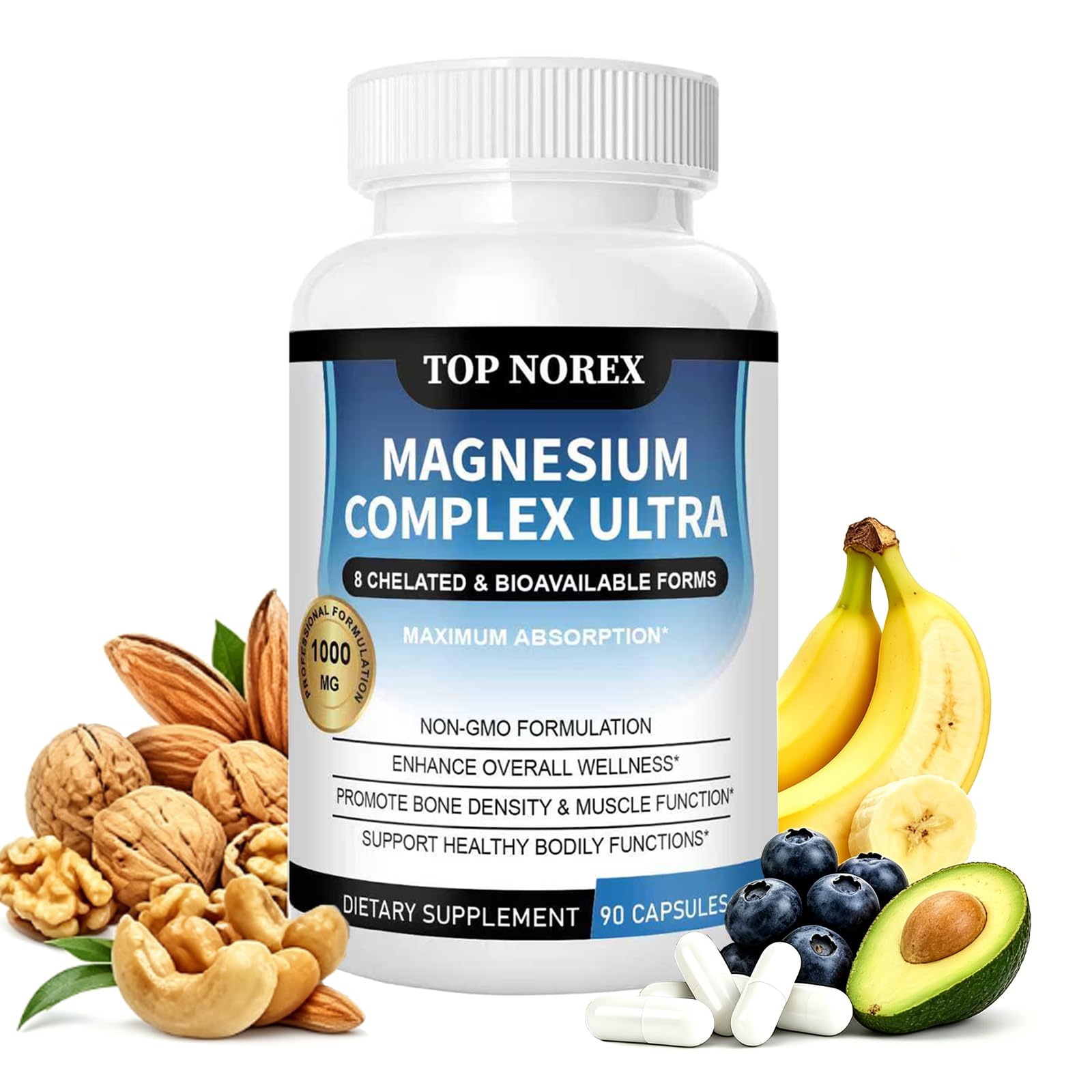 Top Norex Magnesium Complex Ultra - 8 Elemental 1000mg Magnesium Blend, Easy Absorption, 90 Capsules (1) - dailyvitalstore