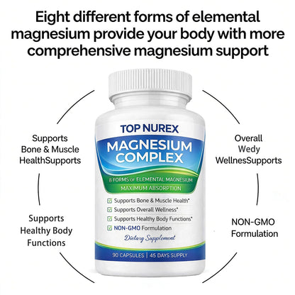 Top Nurex Magnesium Complex 1000 mg, 8-Source Magnesium Blend with Glycinate, Citrate, Malate & Taurate, Vegan Formula, Non-GMO, 90 Capsules - dailyvitalstore