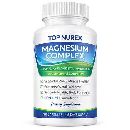 Top Nurex Magnesium Complex 1000 mg, 8-Source Magnesium Blend with Glycinate, Citrate, Malate & Taurate, Vegan Formula, Non-GMO, 90 Capsules - dailyvitalstore