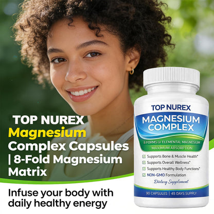 Top Nurex Magnesium Complex 1000 mg, 8-Source Magnesium Blend with Glycinate, Citrate, Malate & Taurate, Vegan Formula, Non-GMO, 90 Capsules - dailyvitalstore