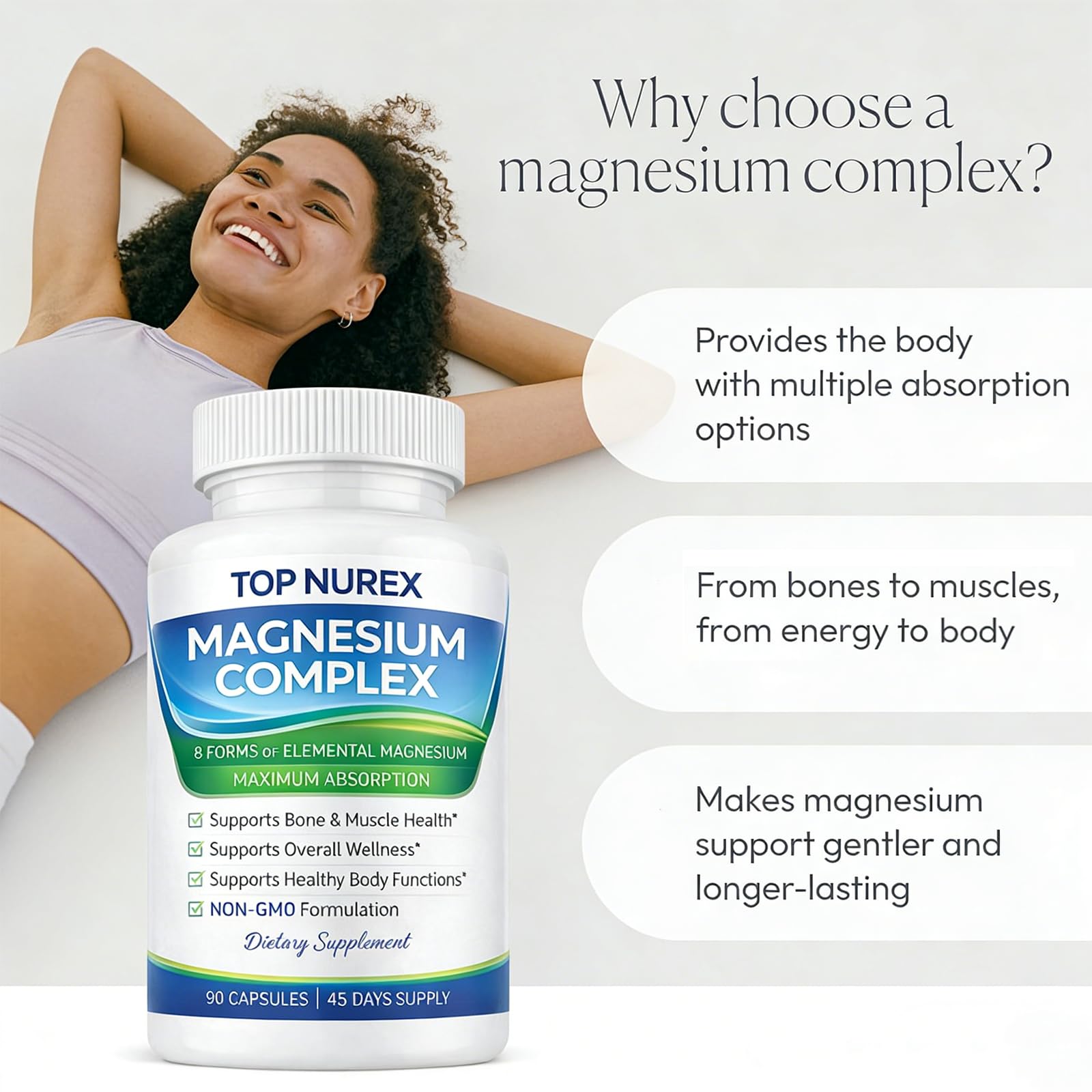 Top Nurex Magnesium Complex 1000 mg, 8-Source Magnesium Blend with Glycinate, Citrate, Malate & Taurate, Vegan Formula, Non-GMO, 90 Capsules - dailyvitalstore