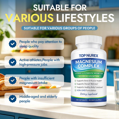 Top Nurex Magnesium Complex 1000 mg, 8-Source Magnesium Blend with Glycinate, Citrate, Malate & Taurate, Vegan Formula, Non-GMO, 90 Capsules - dailyvitalstore