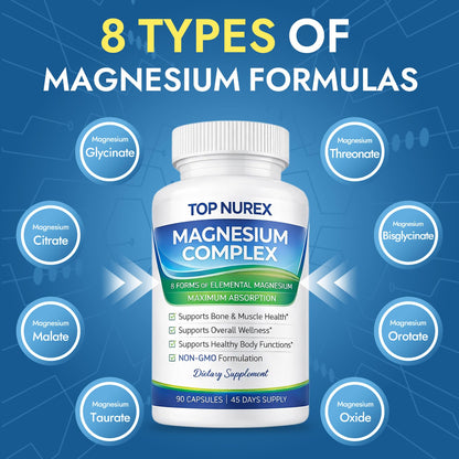 Top Nurex Magnesium Complex 1000 mg, 8-Source Magnesium Blend with Glycinate, Citrate, Malate & Taurate, Vegan Formula, Non-GMO, 90 Capsules - dailyvitalstore