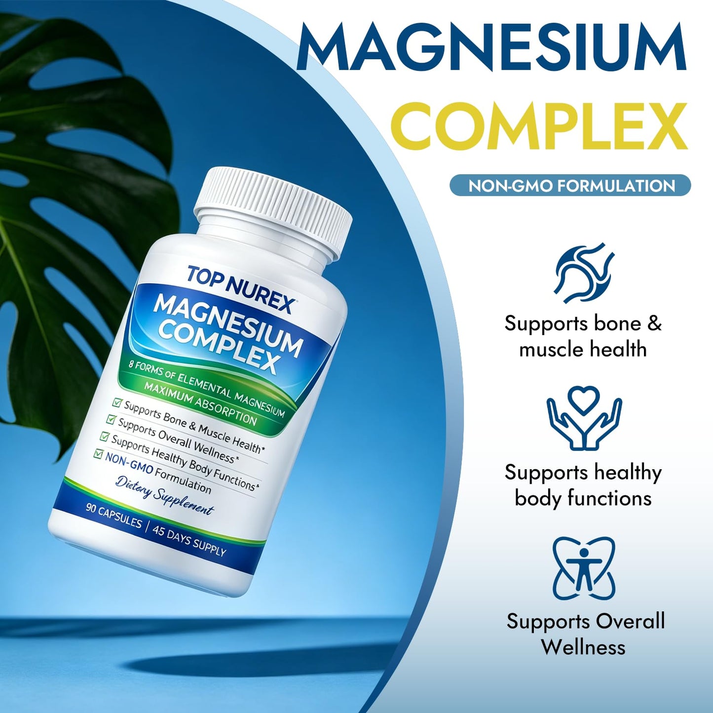 Top Nurex Magnesium Complex 1000 mg, 8-Source Magnesium Blend with Glycinate, Citrate, Malate & Taurate, Vegan Formula, Non-GMO, 90 Capsules - dailyvitalstore