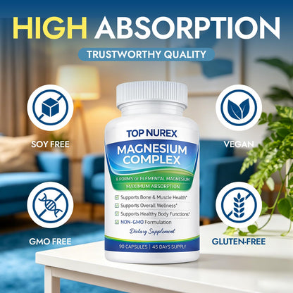 Top Nurex Magnesium Complex 1000 mg, 8-Source Magnesium Blend with Glycinate, Citrate, Malate & Taurate, Vegan Formula, Non-GMO, 90 Capsules - dailyvitalstore