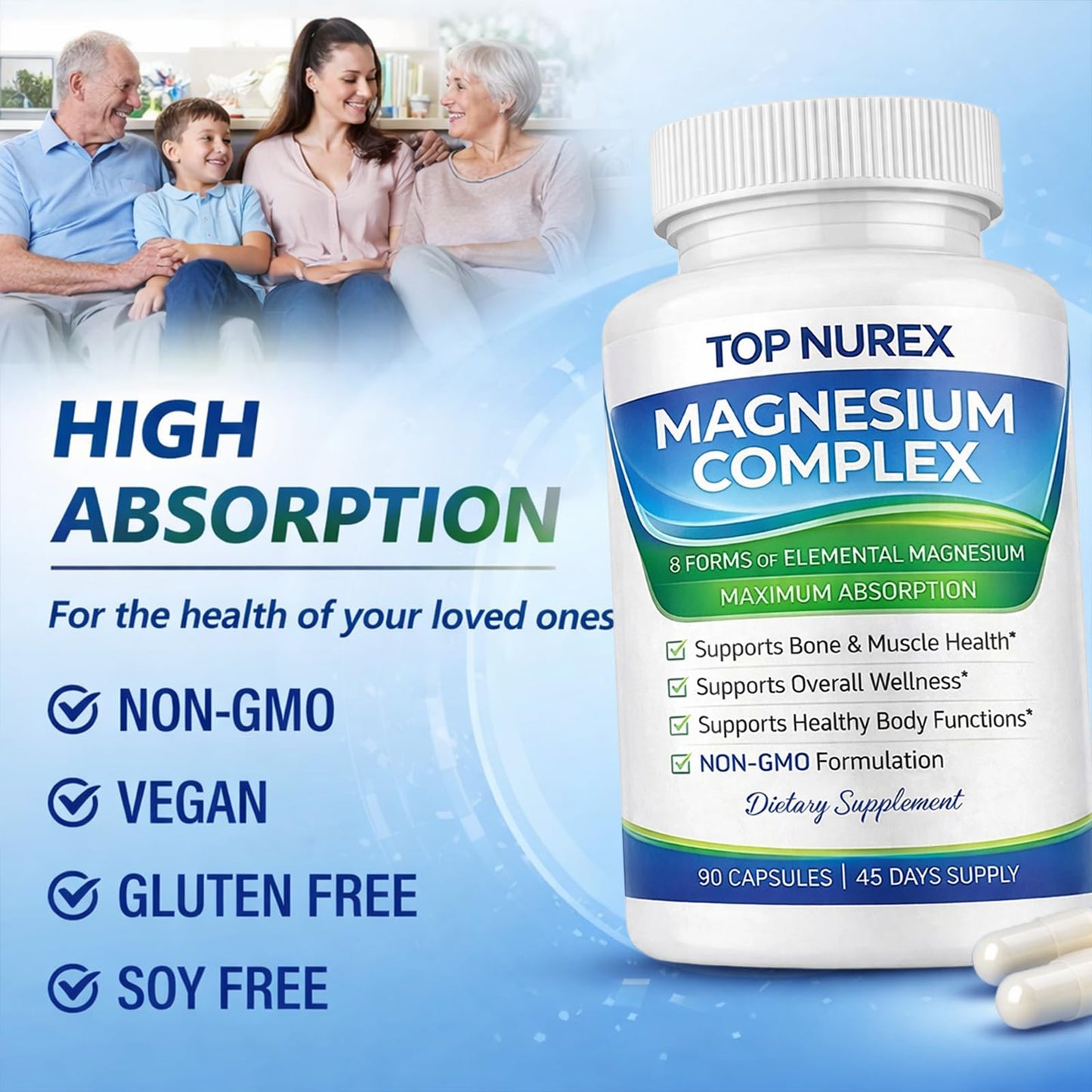 Top Nurex Magnesium Complex 1000 mg, 8-Source Magnesium Blend with Glycinate, Citrate, Malate & Taurate, Vegan Formula, Non-GMO, 90 Capsules - dailyvitalstore