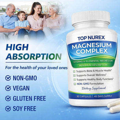 Top Nurex Magnesium Complex 1000 mg, 8-Source Magnesium Blend with Glycinate, Citrate, Malate & Taurate, Vegan Formula, Non-GMO, 90 Capsules - dailyvitalstore
