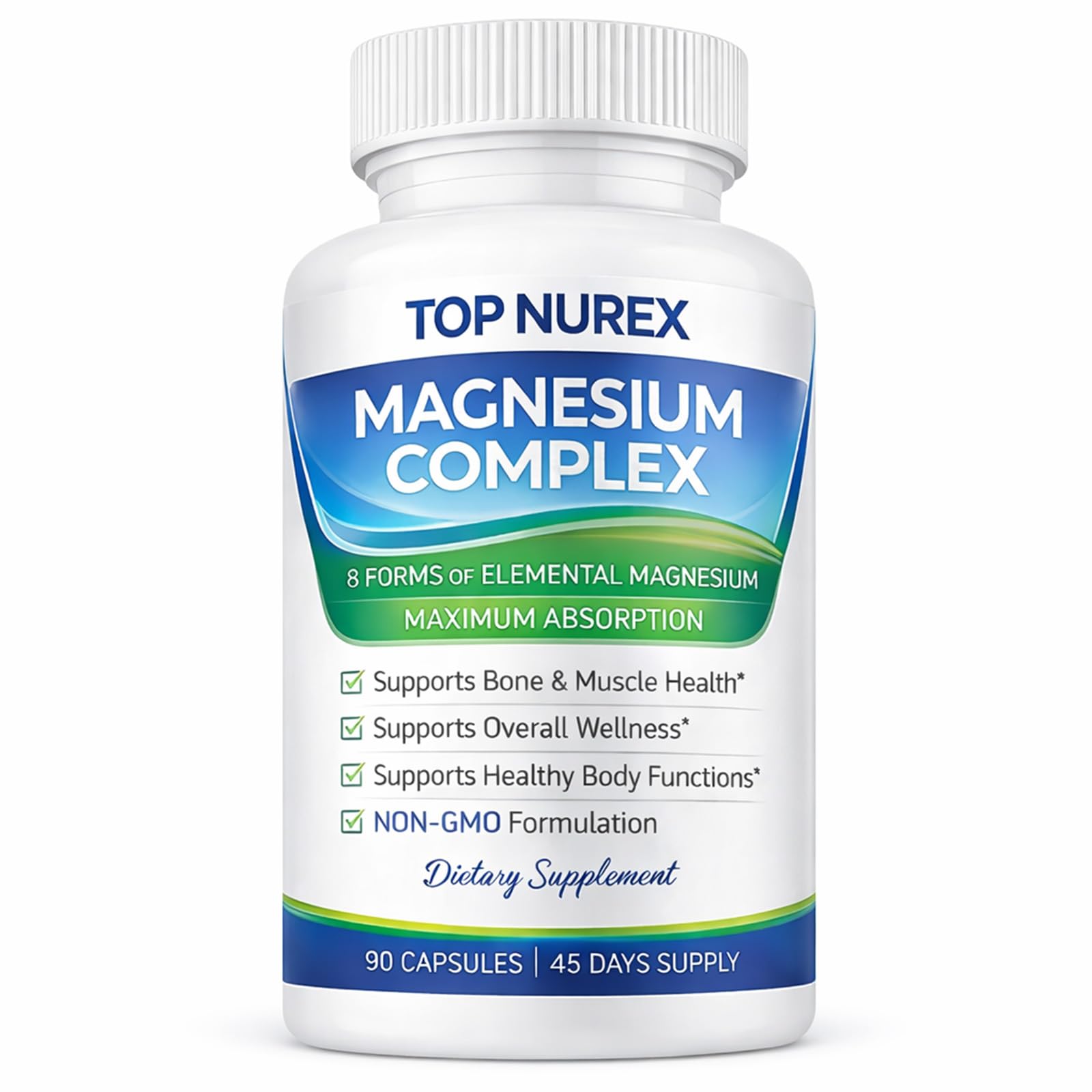 Top Nurex Magnesium Complex 1000 mg, 8-Source Magnesium Blend with Glycinate, Citrate, Malate & Taurate, Vegan Formula, Non-GMO, 90 Capsules - dailyvitalstore