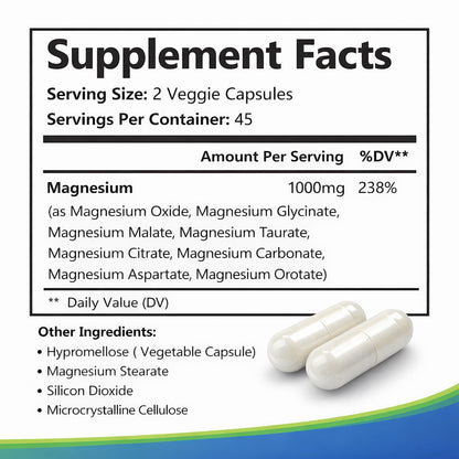 Top Nurex Magnesium Complex 1000 mg, 8-Source Magnesium Blend with Glycinate, Citrate, Malate & Taurate, Vegan Formula, Non-GMO, 90 Capsules - dailyvitalstore