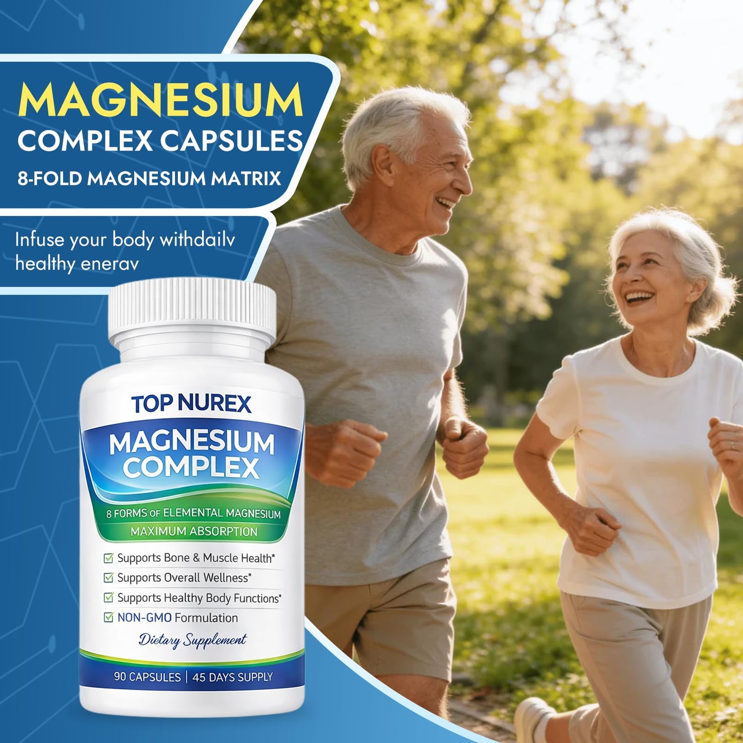 Top Nurex Magnesium Complex 1000 mg, 8-Source Magnesium Blend with Glycinate, Citrate, Malate & Taurate, Vegan Formula, Non-GMO, 90 Capsules - dailyvitalstore