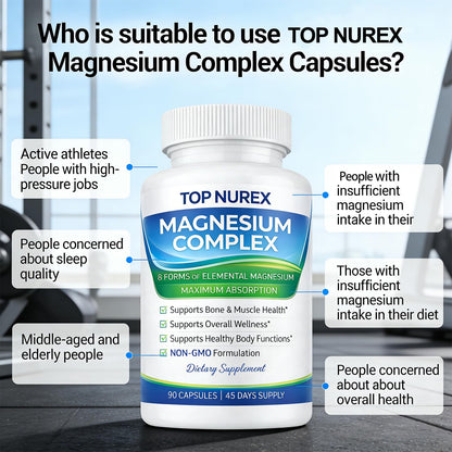 Top Nurex Magnesium Complex 1000 mg, 8-Source Magnesium Blend with Glycinate, Citrate, Malate & Taurate, Vegan Formula, Non-GMO, 90 Capsules - dailyvitalstore