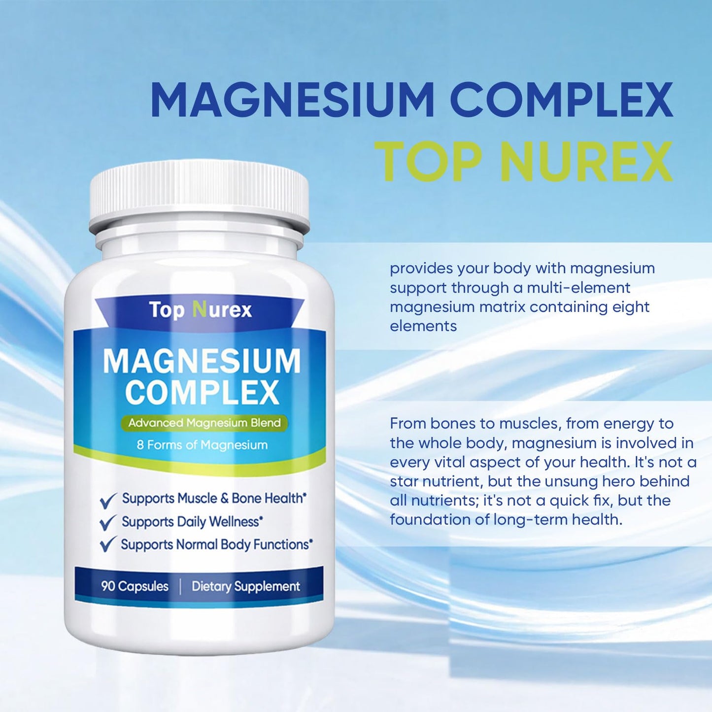 Top Nurex Magnesium Complex 1000 mg, 8-Source Magnesium Blend with Glycinate, Citrate, Malate & Taurate, Vegan Non-GMO Formula, 90 Capsules - dailyvitalstore