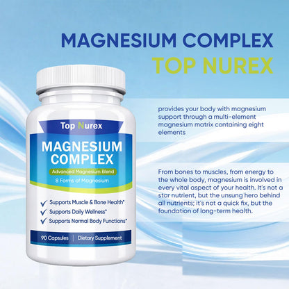Top Nurex Magnesium Complex 1000 mg, 8-Source Magnesium Blend with Glycinate, Citrate, Malate & Taurate, Vegan Non-GMO Formula, 90 Capsules - dailyvitalstore