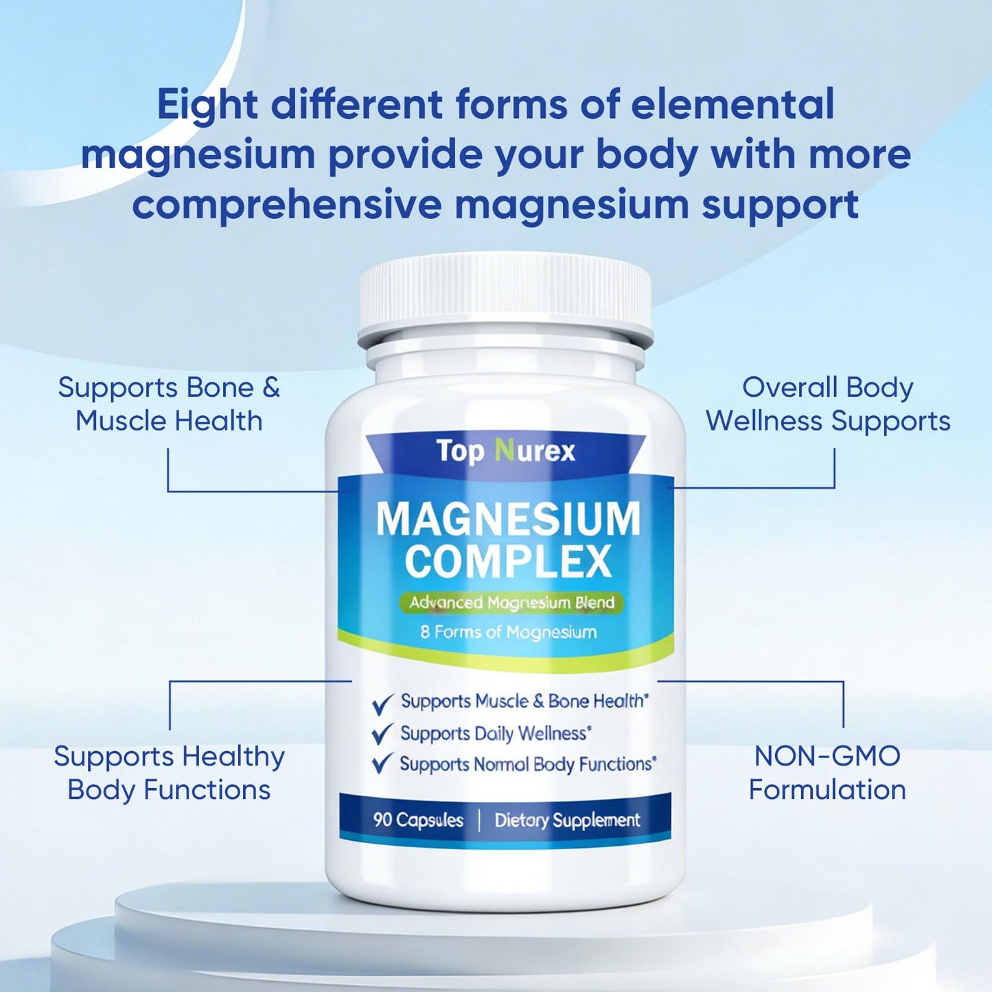 Top Nurex Magnesium Complex 1000 mg, 8-Source Magnesium Blend with Glycinate, Citrate, Malate & Taurate, Vegan Non-GMO Formula, 90 Capsules - dailyvitalstore