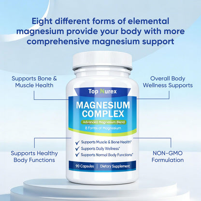 Top Nurex Magnesium Complex 1000 mg, 8-Source Magnesium Blend with Glycinate, Citrate, Malate & Taurate, Vegan Non-GMO Formula, 90 Capsules - dailyvitalstore