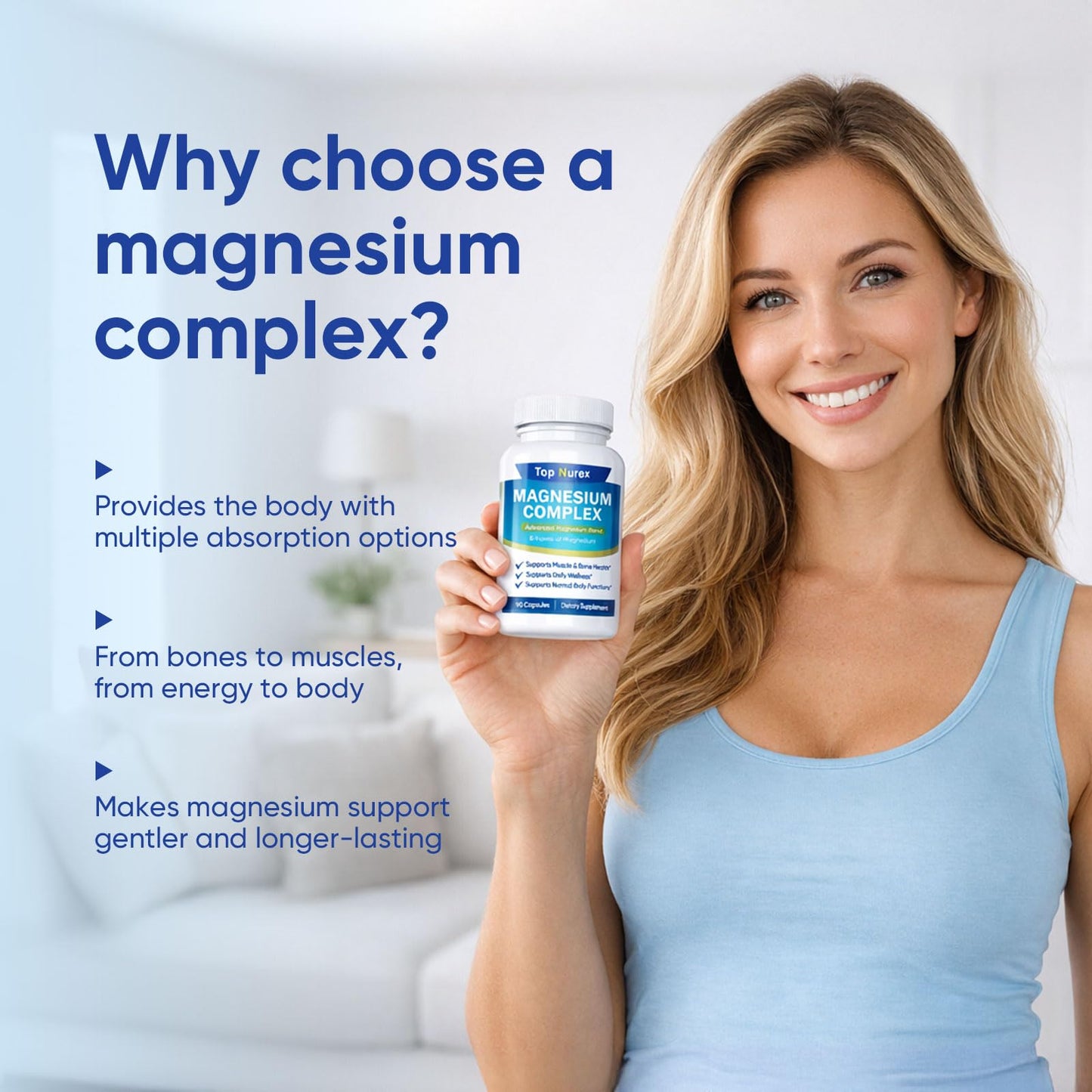 Top Nurex Magnesium Complex 1000 mg, 8-Source Magnesium Blend with Glycinate, Citrate, Malate & Taurate, Vegan Non-GMO Formula, 90 Capsules - dailyvitalstore