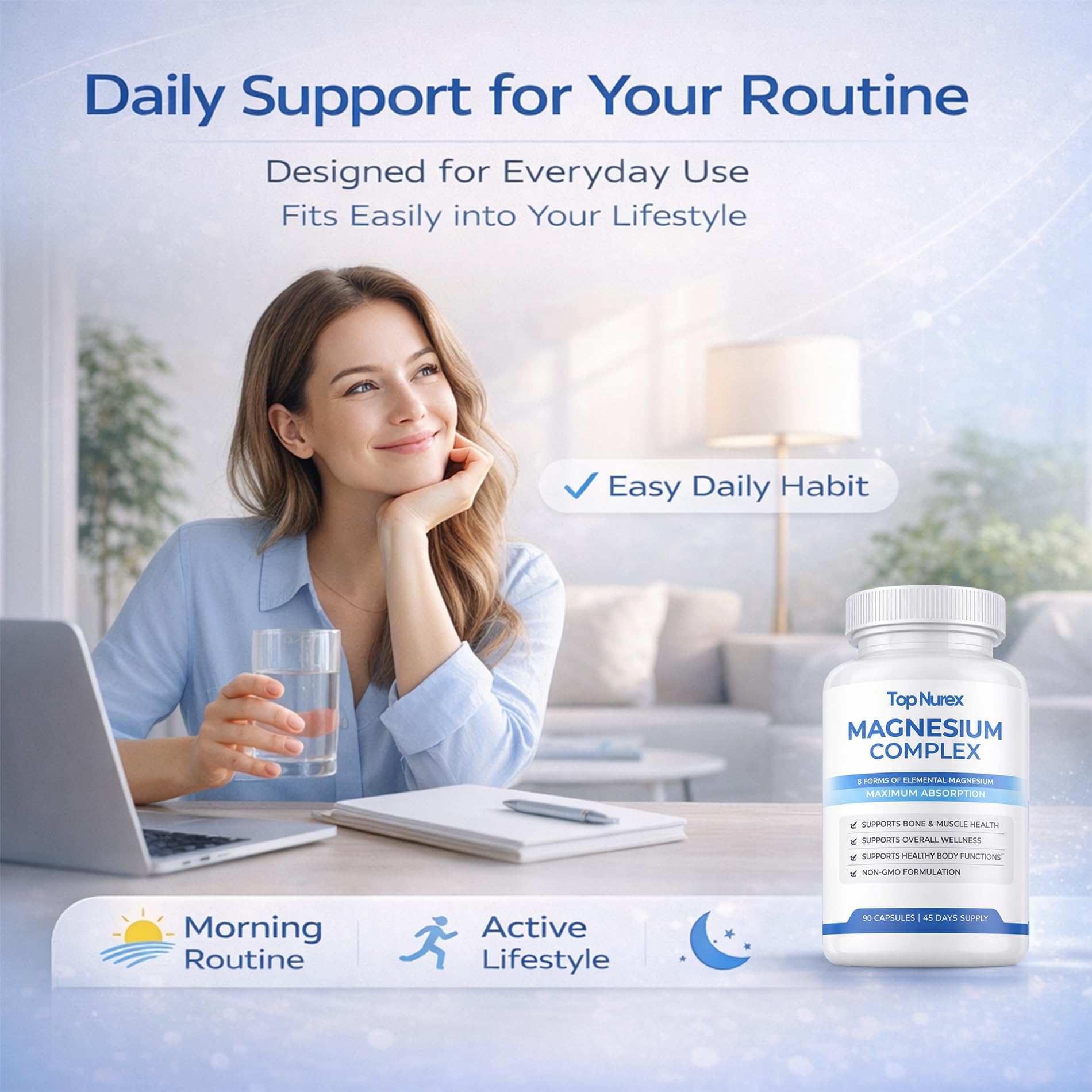 Top Nurex Magnesium Complex for Women & Men,1000mg High Absorption Blend, 8 Magnesium Forms Including Glycinate, Citrate & Malate, Daily Nutrient Support, Vegan Non-GMO, 90 Capsules (1 Pack) - dailyvitalstore