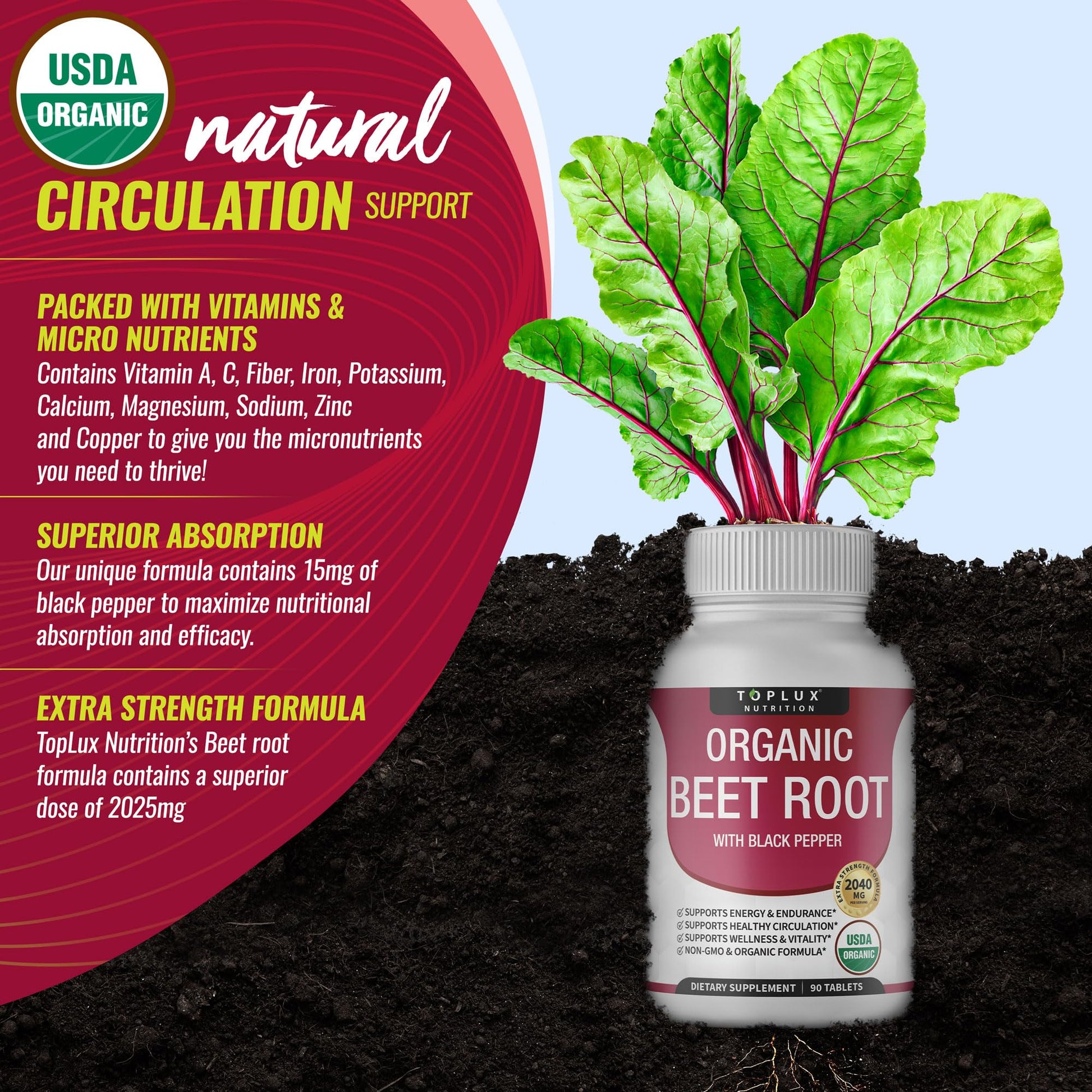 Toplux Organic Beet Root Powder Tablets - 2040mg Natural Nitric Oxide Beets to Support, Energy, Black Pepper Better Absorption, Non-GMO, for Men Women, 90 Tablets - dailyvitalstore