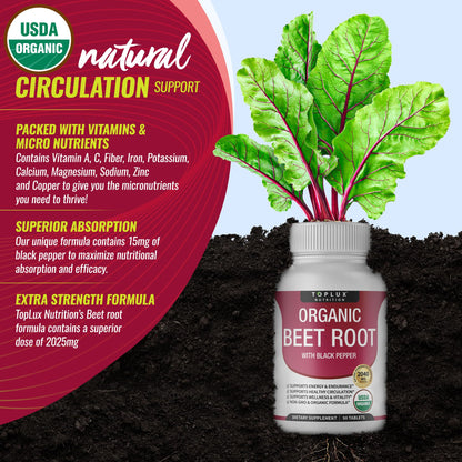 Toplux Organic Beet Root Powder Tablets - 2040mg Natural Nitric Oxide Beets to Support, Energy, Black Pepper Better Absorption, Non-GMO, for Men Women, 90 Tablets - dailyvitalstore