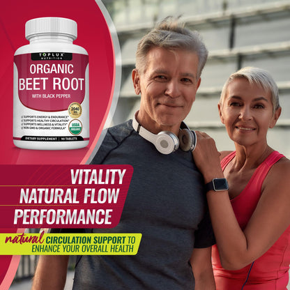 Toplux Organic Beet Root Powder Tablets - 2040mg Natural Nitric Oxide Beets to Support, Energy, Black Pepper Better Absorption, Non-GMO, for Men Women, 90 Tablets - dailyvitalstore