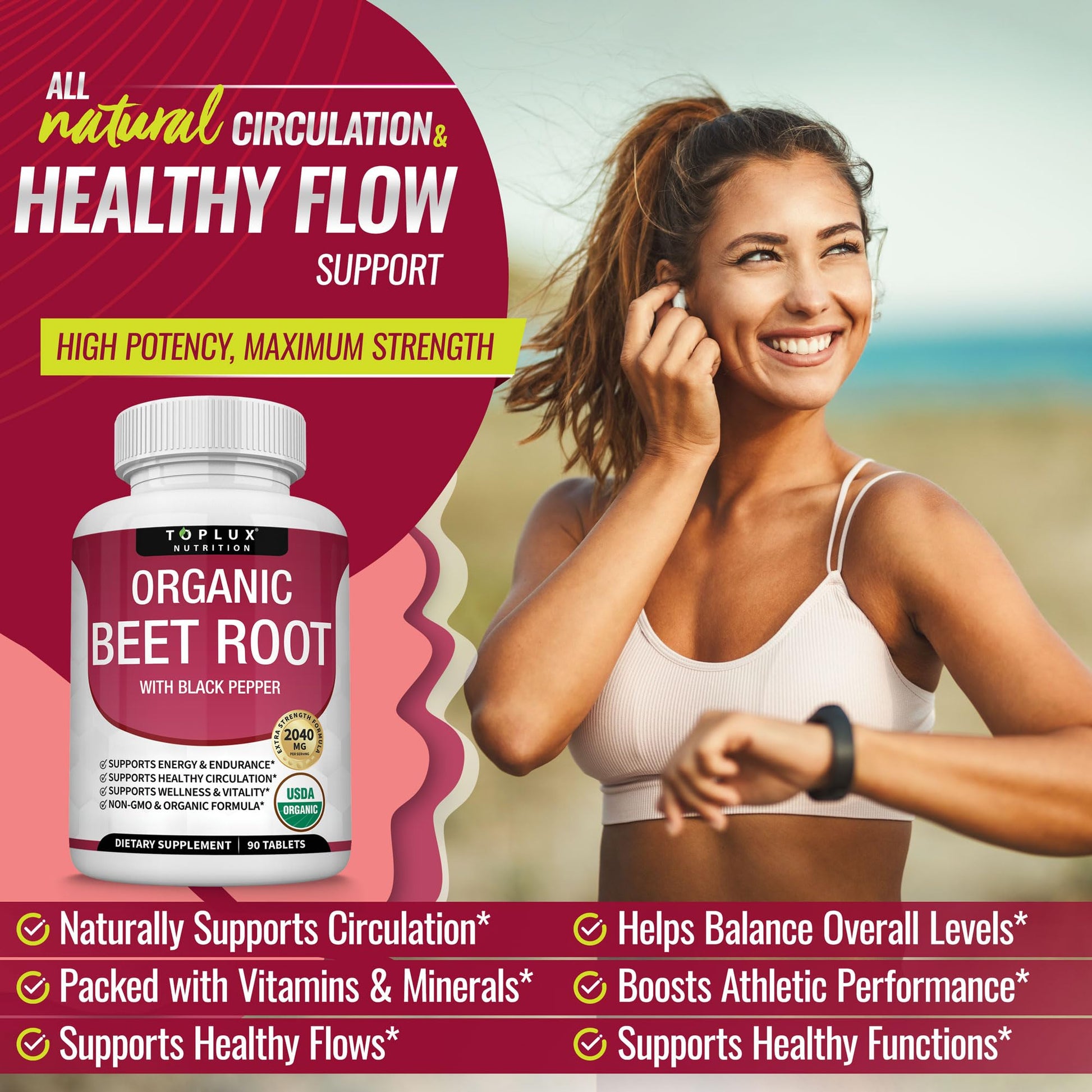 Toplux Organic Beet Root Powder Tablets - 2040mg Natural Nitric Oxide Beets to Support, Energy, Black Pepper Better Absorption, Non-GMO, for Men Women, 90 Tablets - dailyvitalstore