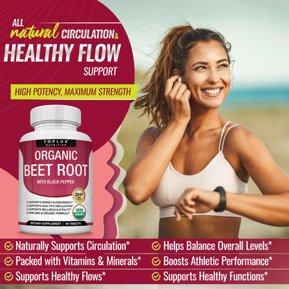 Toplux Organic Beet Root Powder Tablets - 2040mg Natural Nitric Oxide Beets to Support, Energy, Black Pepper Better Absorption, Non-GMO, for Men Women, 90 Tablets - dailyvitalstore