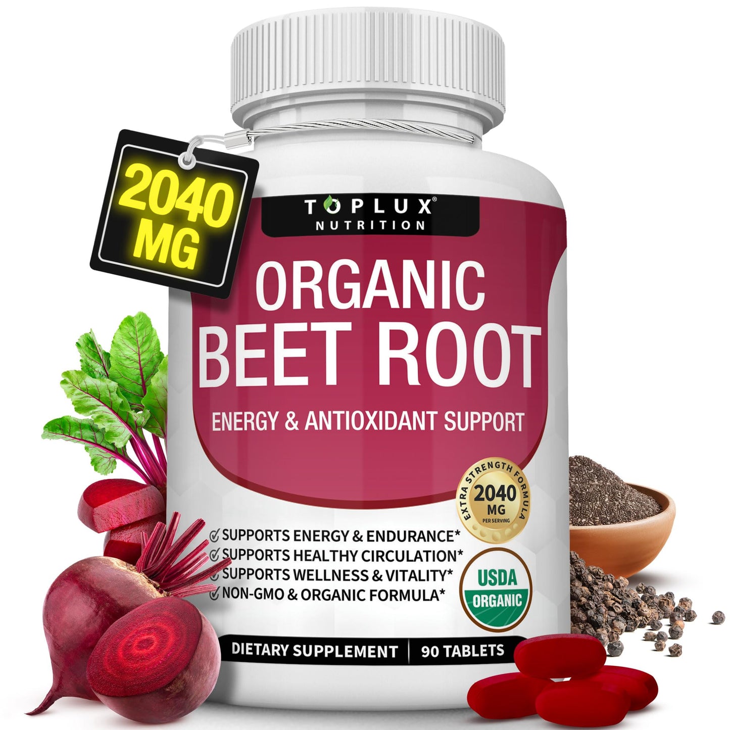 Toplux Organic Beet Root Powder Tablets - 2040mg Natural Nitric Oxide Beets to Support, Energy, Black Pepper Better Absorption, Non-GMO, for Men Women, 90 Tablets - dailyvitalstore