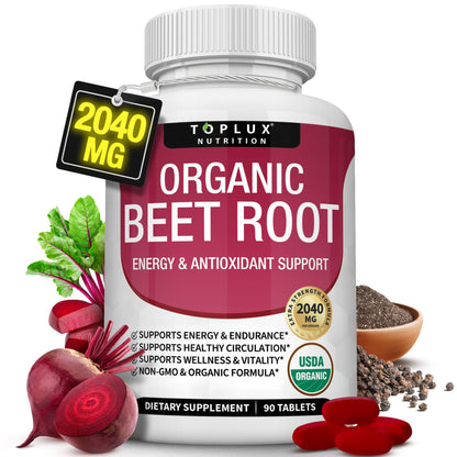 Toplux Organic Beet Root Powder Tablets - 2040mg Natural Nitric Oxide Beets to Support, Energy, Black Pepper Better Absorption, Non-GMO, for Men Women, 90 Tablets - dailyvitalstore
