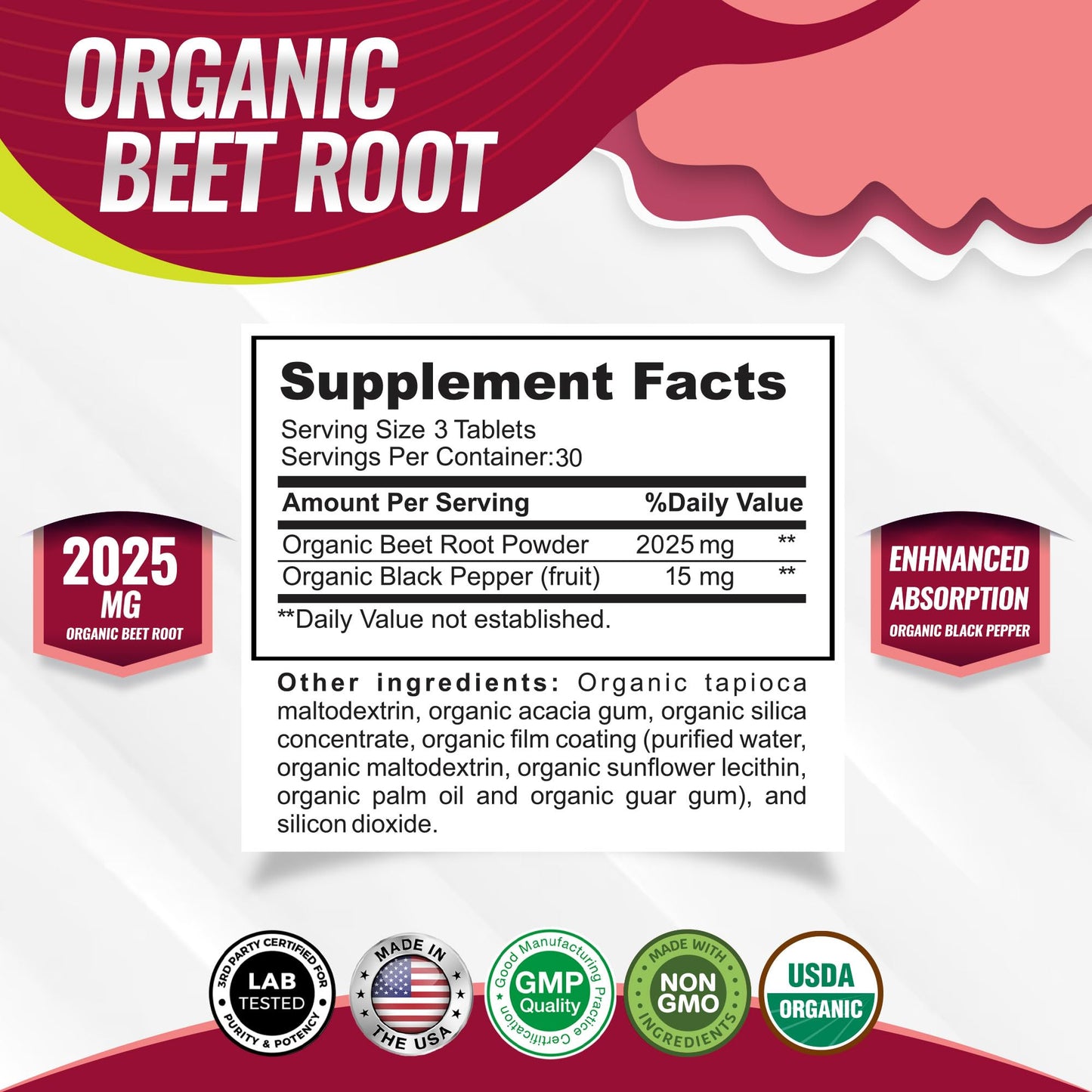 Toplux Organic Beet Root Powder Tablets - 2040mg Natural Nitric Oxide Beets to Support, Energy, Black Pepper Better Absorption, Non-GMO, for Men Women, 90 Tablets - dailyvitalstore