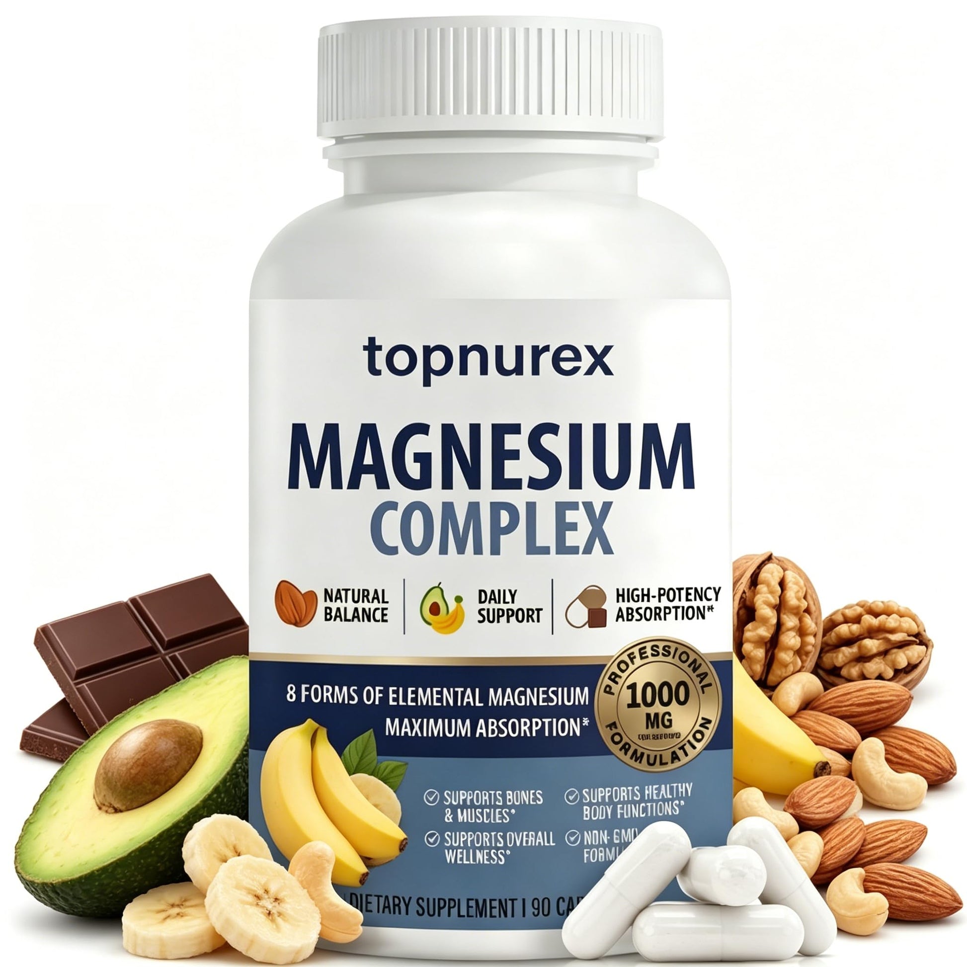 Topnurex Magnesium Complex for Women & Men - 1000mg High Absorption, 8 Essential Magnesium, 90 Capsules - dailyvitalstore